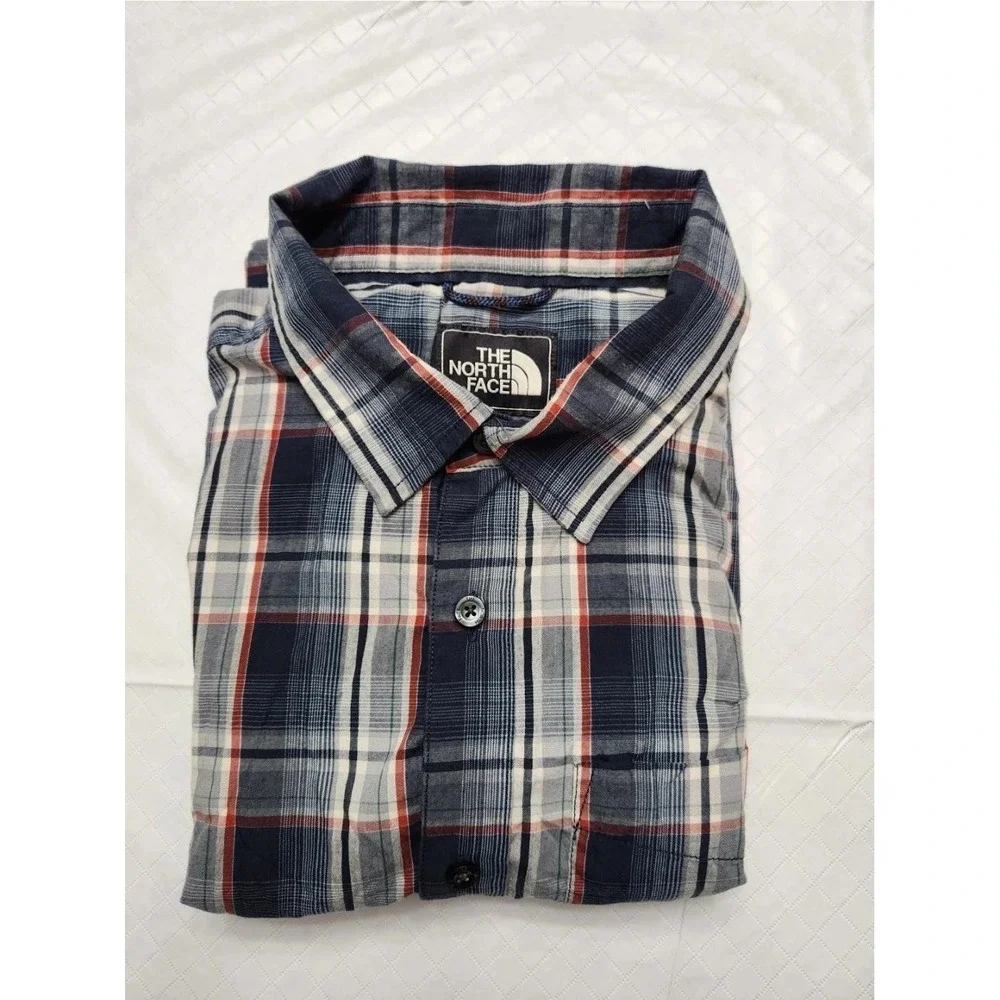 North Face Shirt Mens Large Blue‎ Red Plaid Short Sleeve Button Up Outdoor